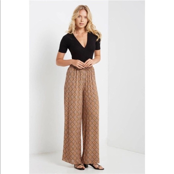Pants - Mustard Printed Wide Leg Palazzo Pants